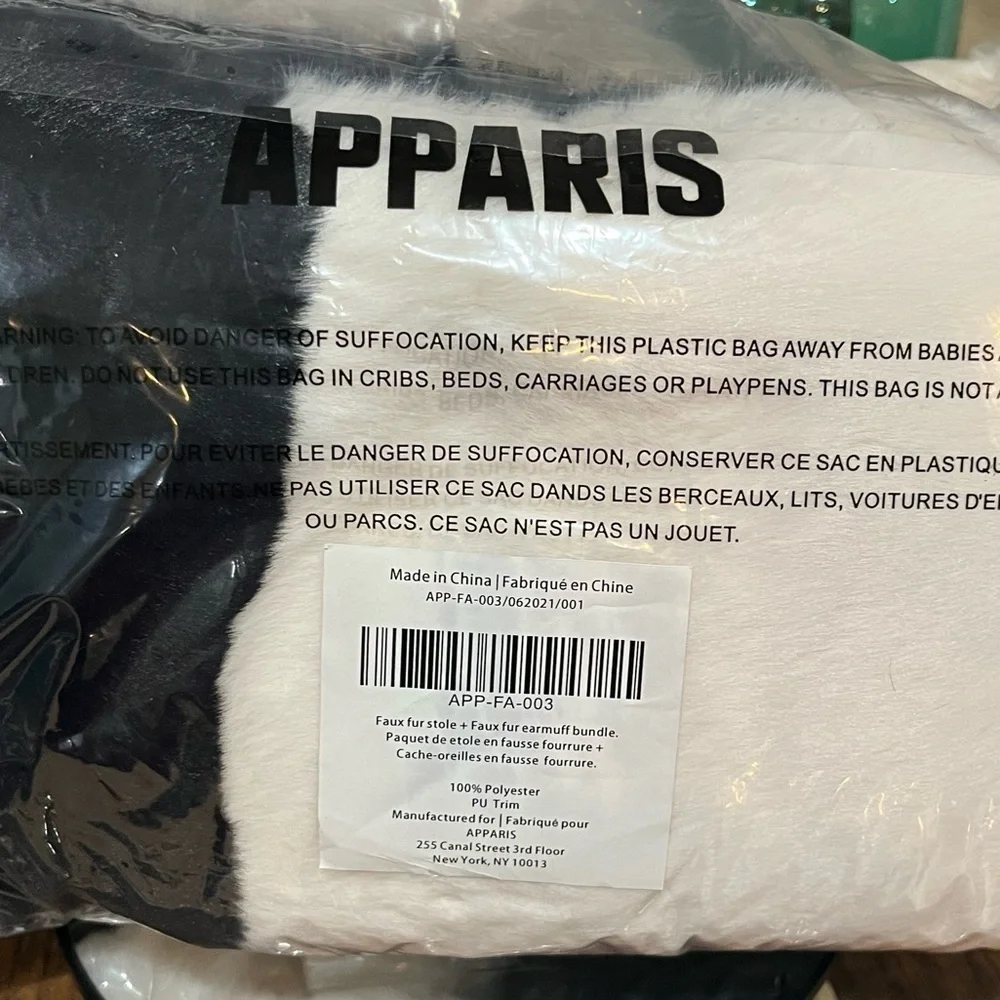 Apparis Black White Faux Fur Stole and Earmuffs